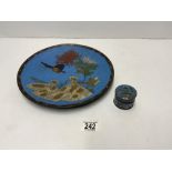JAPANESE CLOISONNE WALL PLATE DECORATED WITH BUTTERFLY AND FLOWERS, 30 CMS DIAMETER, A/F AND SMALL