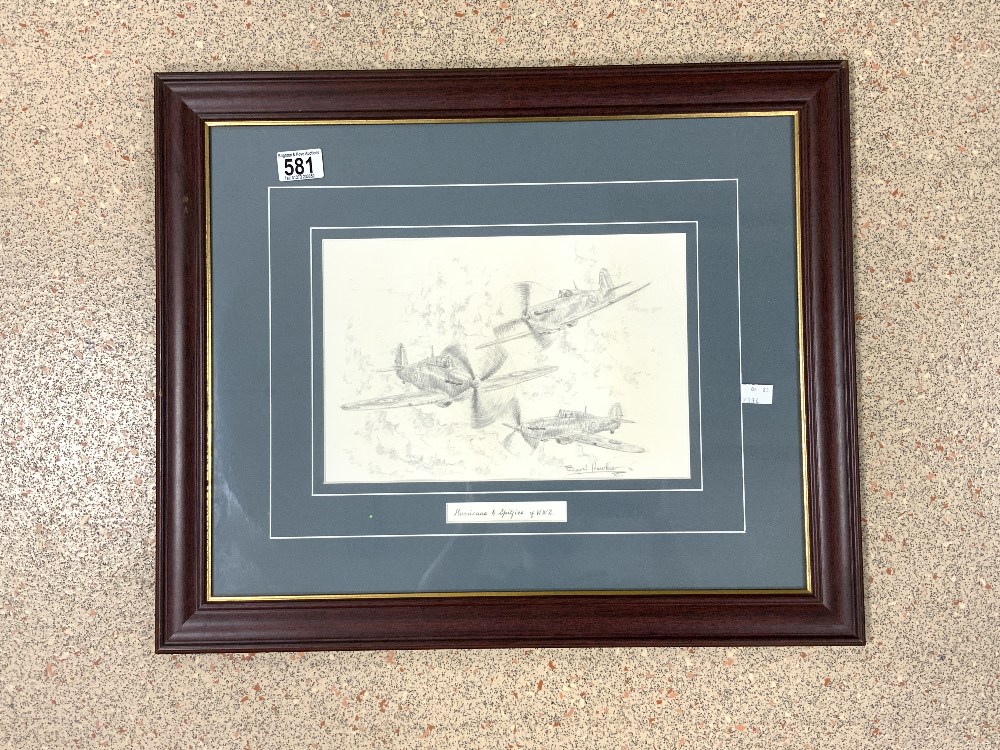 PENCIL SKETCH OF SPITFIRE AND HURRICANE OF WW2, SIGNED DAVID HAWKER, 92, 31X22 CMS.