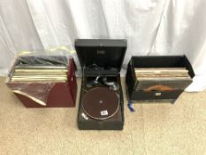 HMV PORTABLE WIND-UP GRAMAPHONE, AND TWO CASES OF LPS, ROXY MUSIC, ABBA, AND MORE.