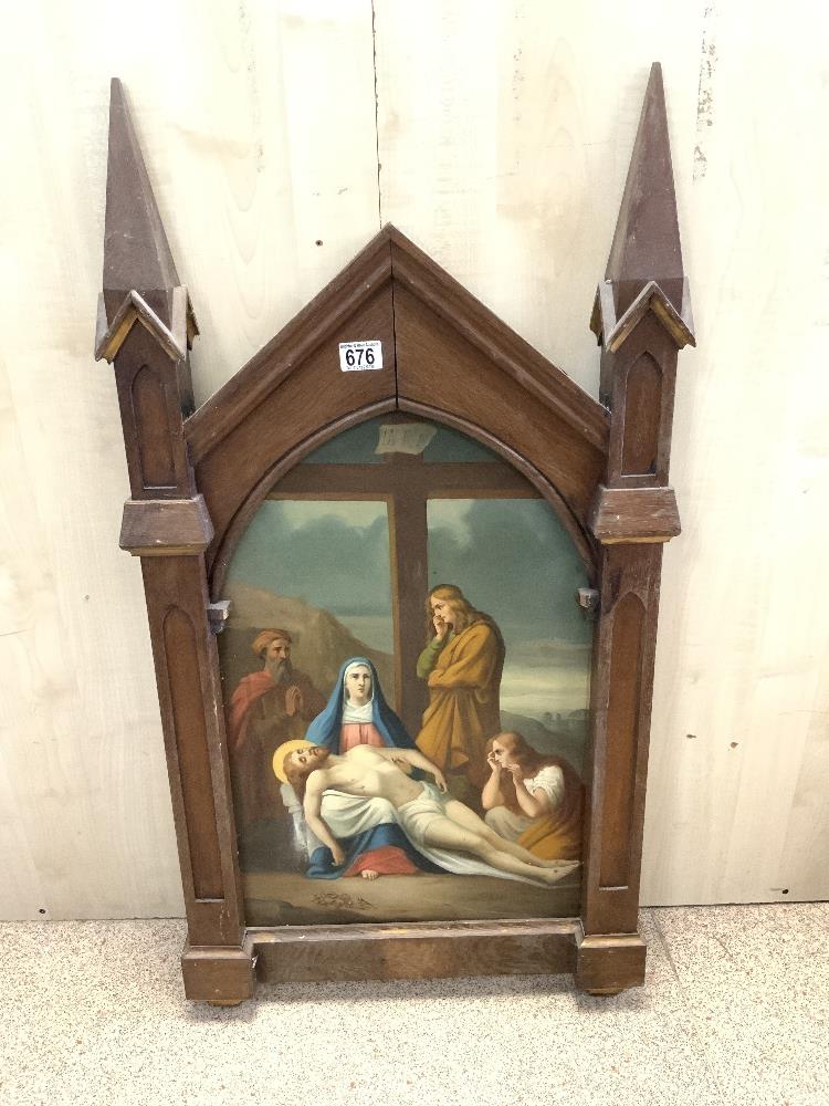 VICTORIAN OIL PAINTING ON TIN - THE DEATH OF CHRIST, IN A GOTHIC OAK FRAME, CAME FROM A CHATEAU IN