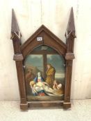VICTORIAN OIL PAINTING ON TIN - THE DEATH OF CHRIST, IN A GOTHIC OAK FRAME, CAME FROM A CHATEAU IN