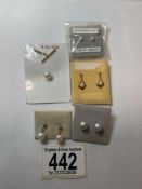 PAIR OF 18CT GOLD AND CULTURED PEARL EAR STUDS, 2 PAIRS OF 9CT CULTURED DROP PEARL SET EARRINGS, AND