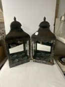 A PAIR OF METAL MIRRORED BACK WALL MOUNTED CANDLE LANTERN LIGHTS, 28X58 CMS.