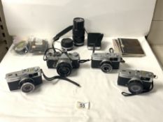 OLYMPUS OM-2 CAMERA, TWO OLYMPUS TRIP 35 CAMERAS, AND OLYMPUS 75 - 150 MM LENSE AND OTHER