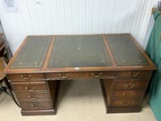 LARGE ANTIQUE MAHOGANY PARTNERS DESK WITH GREEN TOOLED LEATHER AND NINE DRAWERS 158 X 88 CM