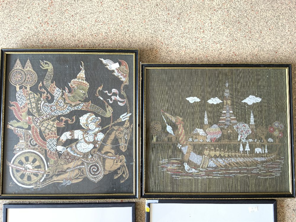 VINTAGE BALINESE PICTURE OF CHARIOT ON MATERIAL, AND ANOTHER OF LONG BOAT, BOTH FRAMED, 44X48 CMS. - Image 2 of 4