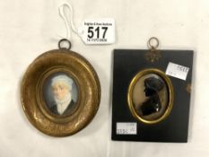 HAND PAINTED OVAL MINATURE PORTRAIT OF A LADY IN GILT FRAME, AND A SILHOUETTE MINATURE OF A LADY.