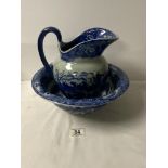 A VICTORIAN-STYLE BLUE AND WHITE JUG AND BASIN.