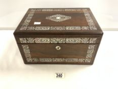 VICTORIAN ROSEWOOD JEWELLERY BOX DECORATED WITH MOTHER OF PEARL 33 X 24 X 18 CM