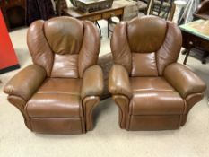 TWO BROWN LEATHER SWIVEL AND RECLINING ARMCHAIRS BY SHERBOURNE (EXTREMELY COMFORTABLE)