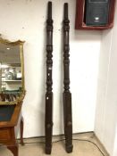 PAIR SCROLL WORKED BED POSTS IN MAHOGANY 214 CM