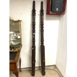 PAIR SCROLL WORKED BED POSTS IN MAHOGANY 214 CM