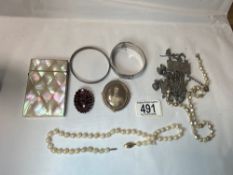 MIXED ITEMS INCLUDES TWO HALLMARKED SILVER BANGLES, MOTHER OF PEARL CARD CASE AND MORE