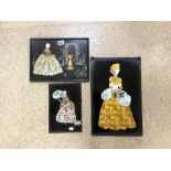 THREE 1930s COLOURED FOIL PICTURES OF LADIES IN CRINOLINE DRESSES, LARGEST 47X30 CMS.