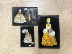 THREE 1930s COLOURED FOIL PICTURES OF LADIES IN CRINOLINE DRESSES, LARGEST 47X30 CMS.