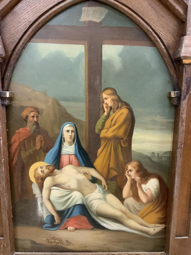 VICTORIAN OIL PAINTING ON TIN - THE DEATH OF CHRIST, IN A GOTHIC OAK FRAME, CAME FROM A CHATEAU IN - Image 2 of 3