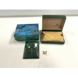 ROLEX STYLE GREEN LEATHER BOX AND COVER WITH ROLEX OYSTER LEATHER SLEEVE AND PAPERWORK