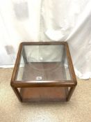 1970s TEAK AND GLASS TOP COFFEE TABLE, 54X46 CMS.