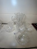 STUART CRYSTAL CUT GLASS WATER JUG, AND SIX SUNDAE GLASSES.