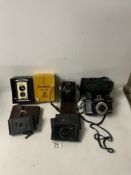 VINTAGE KODAK BROWNIE REFLEX CAMERA IN BOX, TWO VINTAGE KODAK POCKET CAMERAS AND TWO OTHER CAMERAS.