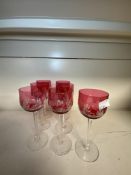 SEVEN CRANBERRY HOCK WINE GLASSES.