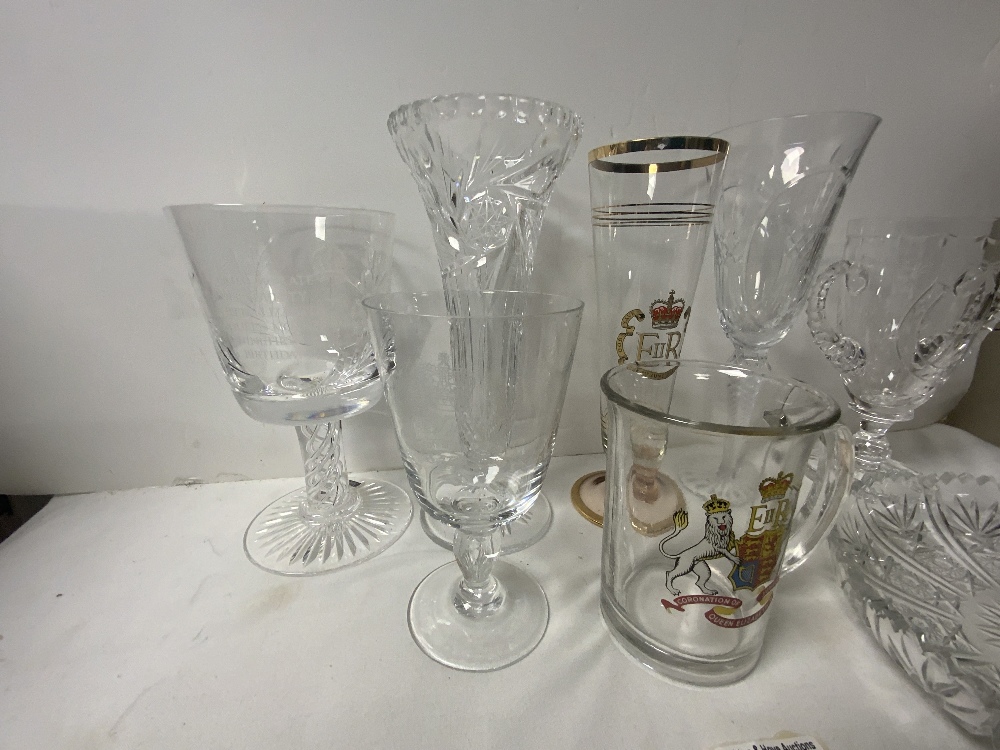 COMMEMORATIVE GLASSWARE VARIOUS, HEAVY CUT GLASS DISH ETC.