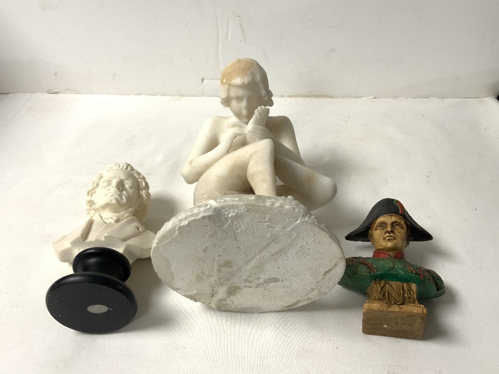 ALABASTER FIGURE OF A SEATED MAN, 20 CMS, A WHITE STONE BUST OF BEETHOVEN; SIGNED AND DATED A - Image 4 of 4
