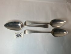 SET OF THREE GEORGE III HALLMARKED SILVER TABLESPOONS DATED 1806/8 BY STEPHEN ADAMS 22CM 196 GRAMS