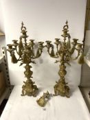 PAIR OF LARGE ORNATE BRASS 5 BRANCH CANDLEABRA, [ 1 AF ], 68 CMS.