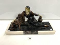 FRENCH ART DECO FIGURE OF A LADY WITH DOG IN ATTENDANCE, ON A TWO COLOUR MARBLE BASE, 56X30 CMS.
