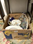 CONTINENTAL PORCELAIN CHERUB WALL BRACKET AND A TURKISH POTTERY BOWL AND A TWO HANDLED VASE.AND PART