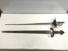 A MEDIEVAL RE-ENACTMENT SWORD BY TOLEDO SPAIN, AND A RAPIER SWORD.