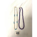 SIMULATED PEARL AND TURQUOISE NECKLACE WITH 14 CT GOLD CLASP, AND AMETHYST COLOURED NECKLACE WITH