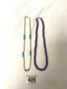 SIMULATED PEARL AND TURQUOISE NECKLACE WITH 14 CT GOLD CLASP, AND AMETHYST COLOURED NECKLACE WITH