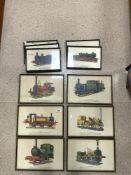 ELEVEN FRAMED PRINTS OF VINTAGE LOCOMOTIVES.