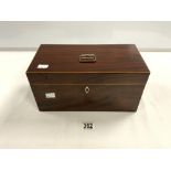 VICTORIAN MAHOGANY CROSSBANDED TEA CADDY, WITH GLASS MIXING BOWL AND TWO TEA BOXES INSIDE, 30 CMS.