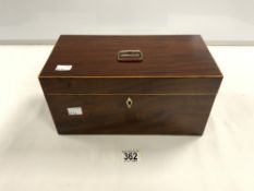 VICTORIAN MAHOGANY CROSSBANDED TEA CADDY, WITH GLASS MIXING BOWL AND TWO TEA BOXES INSIDE, 30 CMS.