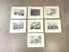 SEVEN UNFRAMED CRUIKSHANK HUMUROUS ENGRAVINGS, PUBLISHED IN 1835, IN MOUNTS, 28X22 CMS.