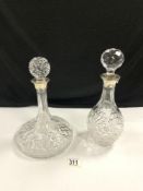 TWO DECANTERS WITH SILVER COLLARS - SHIPS DECANTER HALLMARKS RUBBED AND THE OTHER SHEFFIELD 1978