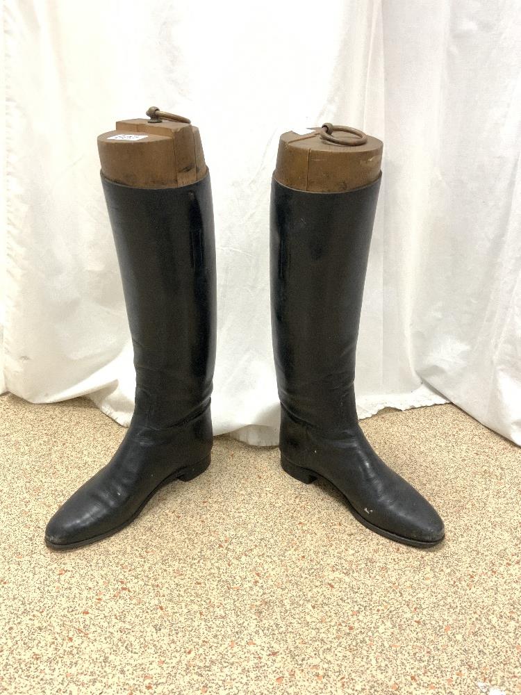 PAIR OF BLACK LEATHER BOOTS WITH VINTAGE WOODEN LASTS - Image 2 of 9