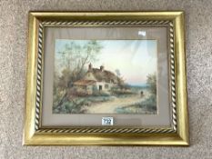 A 19TH-CENTURY WATERCOLOUR OF A FARM COTTAGE WITH A FARMER AND DOG IN A GILT FRAME SIGNED '