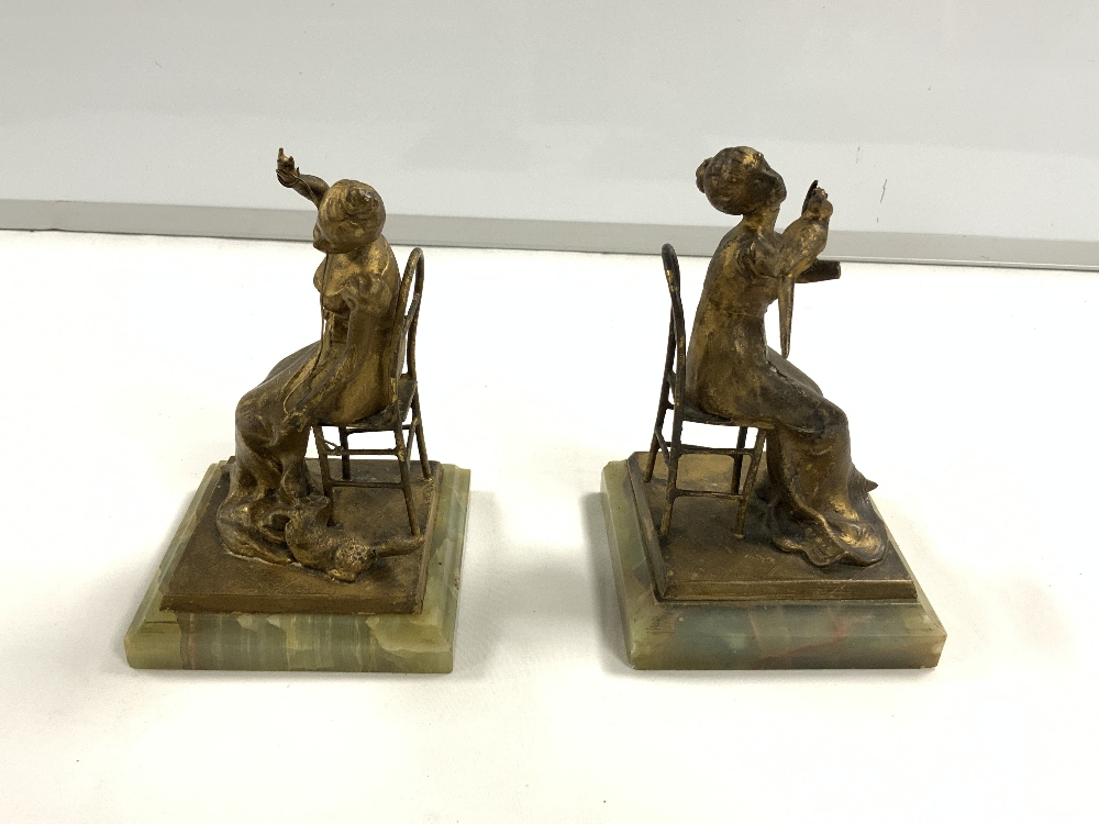 PAIR OF FRENCH GILT BRONZE LADY FIGURAL BOOKENDS ON ONYX BASES, 16 CMS. [ ONE WITH MISSING HAND ]. - Image 3 of 4