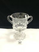 COMMEMORATIVE TWIN HANDLE GLASS GOBLET GEORGE V and QUEEN MARY CROWNED JUNE 22nd 1911 21cm