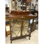 A 1930s GLAZED MAHOGANY DISPLAY CABINET ON BALL AND CLAW FEET, 88X32X122 CMS.
