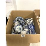 QUANTITY OF BLUE AND WHITE CHINA, TEA POT, TEA WARE, DINNER WARE JUG ETC.