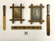 TWO SMALL TUNBRIDGE WARE PHOTO FRAMES, TWO LETTER OPENERS, AND A RULER.