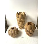 THREE MODERN CERAMIC PINEAPPLE SHAPE VASES, 38 CMS TALLEST.