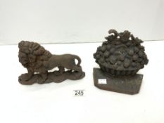 VICTORIAN IRON LION DOOR STOP, AND IRON FLOWER BASKET DOOR STOP.