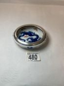 MEISSEN PORCELAIN OVAL PIN DISH PAINTED CHINESE DRAGON WITH 800 SILVER RIM 10.5CM (HAIRLINE CRACK )