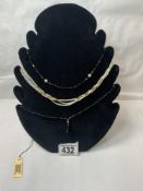 TWO 9CT GOLD AND CRYSTAL NECKLACES, AND A SIMULATED PEARL NECKLACE WITH GOLD CLASP.